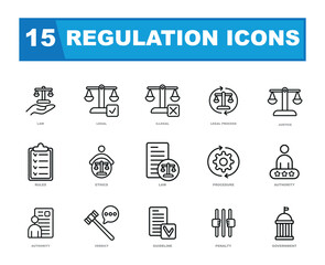 The regulation simple concept icons set consists of a collection of minimalistic and easily understandable icons representing various aspects of regulations and compliance.