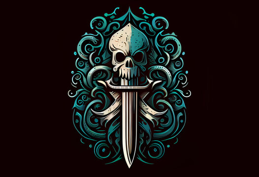 tattoo dagger with a skull on a black background. ai generated Generative AI