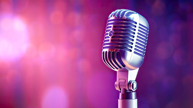 Professional microphone closeup and pink blurred background. Postproducted generative AI illustration.	