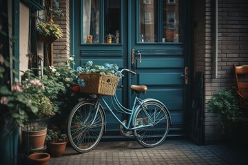 Fototapeta na wymiar A blue bike with a flower basket parked by a brick building with a green door and window. Generative AI