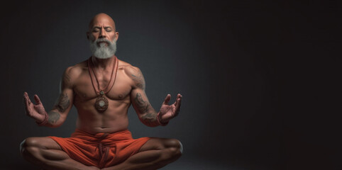 Fototapeta na wymiar Indian Guru, a man siddha yoga teacher with long hair, sitting in meditation asana. AI Generative