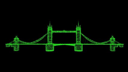 3D Tower Bridge London on black background. Object made of shimmering particles. Architectural travel concept. For title, text, presentation. 3d animation.