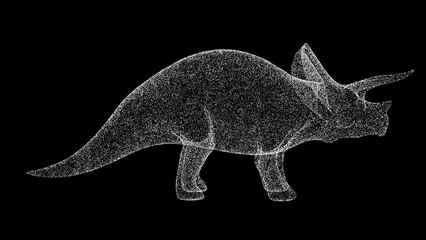 3D dinosaur Triceratops on black background. Object made of shimmering particles. Wild animals concept. For title, text, presentation. 3d animation.