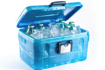 Blue plastic cool box with ice cubes and bottles of water on white background. Generative AI