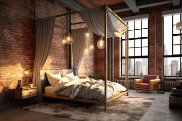 Loft-style cozy dreamy bedroom with exposed brick walls, industrial lighting, and a plush canopy bed, combining urban chic with a touch of luxury - Generative AI