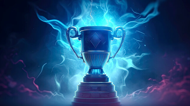 Winners trophy and magical atmosphere around on dark blue background. Postproducted generative AI illustration.	
