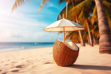 cocktail in a coconut with an umbrella and straw on the beach sand, coastal view on the ocean waves. Generative AI