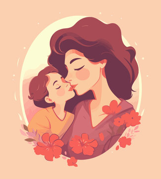 Vector Illustration Of Mother Holding Baby Son In Arms And Kissing On Cheek With Floral Decoration, Suitable For Happy Mother's Day Greeting Card Or Poster Design.