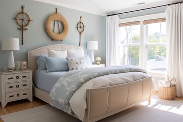 Coastal-themed cozy dreamy bedroom with nautical elements, a light color palette, and coastal-inspired decor, evoking a sense of tranquility and seaside charm - Generative AI