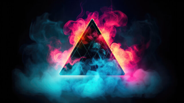 A dark background with a pyramid in the middle and cloud of smoke