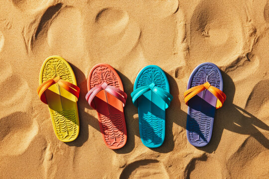 multi color flip-flops on the beach sand, top view. summer vacation concept. Generative AI