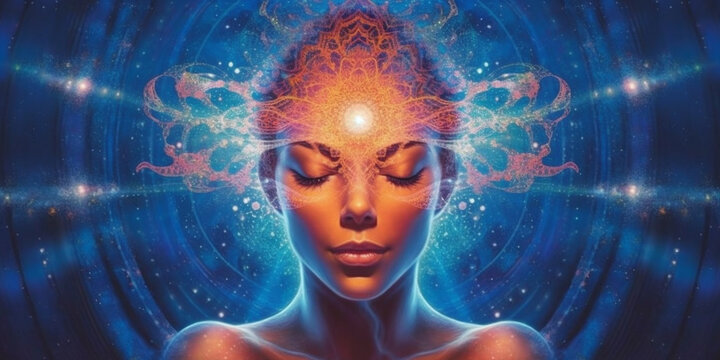 Beautiful mystical dreamer woman in space with galaxi and stars. Meditation and yoga concept. AI Generative.