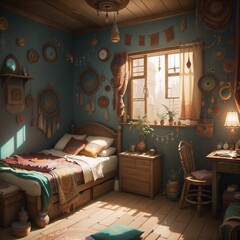 Bedroom with ornaments.Created with Generative AI