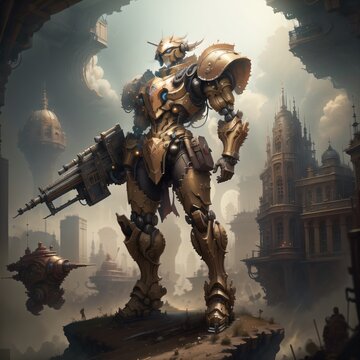 Battle mech with gun on his hand.Created with Generative AI