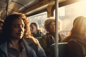 A diverse group of people commence their morning commute on a city bus, their candid moods and interactions painting a vivid urban tableau, generative ai - obrazy, fototapety, plakaty