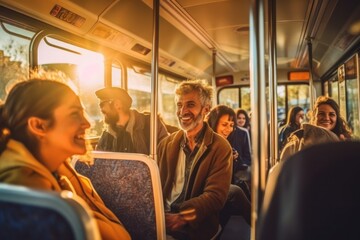 A diverse group of people commence their morning commute on a city bus, their candid moods and interactions painting a vivid urban tableau, generative ai - obrazy, fototapety, plakaty
