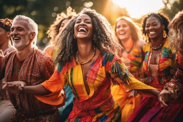 A diverse group of people unite in joy and unity as they participate in a lively cultural dance during a vibrant festival, generative ai