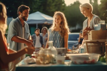 A family candidly interacts while hosting a bustling garage sale, fostering a sense of community and camaraderie among their neighbors, generative ai - obrazy, fototapety, plakaty