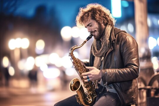 A musician channels his passion and focus into his instrument, enlivening a city street with the raw emotion of his performance, generative ai