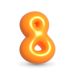 Glistening, lustrous and gleaming orange balloon digit Eight. 3d realistic design element isolated on white background. For Birthday cake, Party, Happy Birthday.