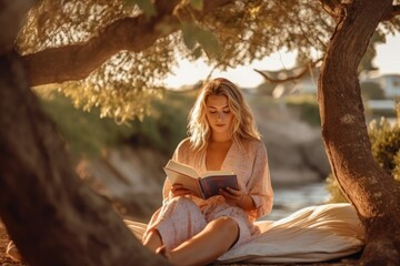 A young woman is captured in a candid, serene moment, peacefully immersed in reading a book while nestled in a park or beach setting, embodying relaxation, generative ai