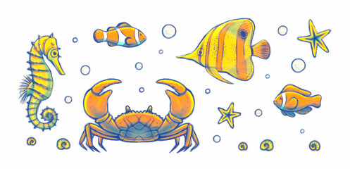 Set of colorful sea creatures Crab seahorse butterfly clown fish starfish with bubbles around Clipart of charming marine characters in cartoon style Hand drawn illustration isolated white background