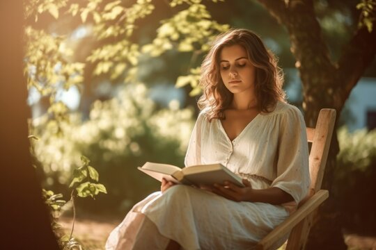 A young woman is captured in a candid, serene moment, peacefully immersed in reading a book while nestled in a park or beach setting, embodying relaxation, generative ai