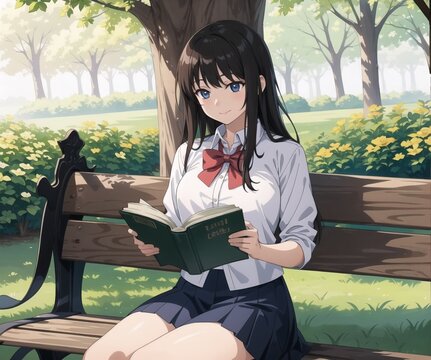 Girl reading book in park.Created with Generative AI