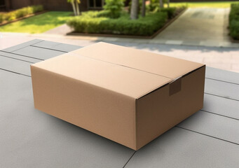 Cardboard box or parcel on the threshold near the door. Generative AI.