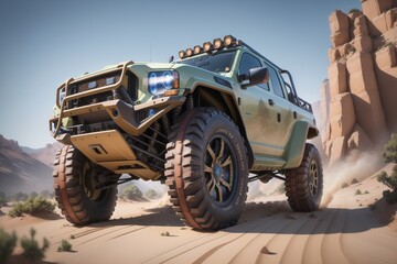 Jeep in desert. Created with Generative AI