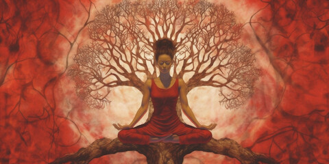 Meditation chakra concept. Meditating young woman. Yoga. Concentration. World Yoga Day. AI Generative - obrazy, fototapety, plakaty