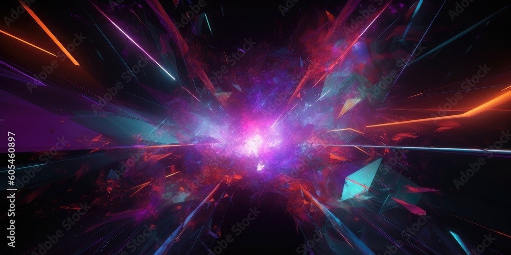 Poster cosmic background with colorful laser lights and broken fractal elements. generative ai aig21.