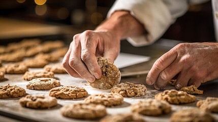 Obraz na płótnie Canvas chef pâtissier dans une pâtisserie concept de préparation de pâtisseries manuelles traditionnelles dans une boulangerie traditionnelle, cookies, générateur IA