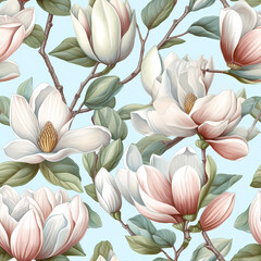 Textured magnolia flowers with leaves on pastel background Generative AI