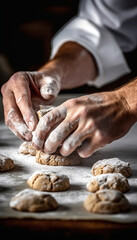 chef pâtissier dans une pâtisserie concept de préparation de pâtisseries manuelles traditionnelles dans une boulangerie traditionnelle, cookies, générateur IA - obrazy, fototapety, plakaty