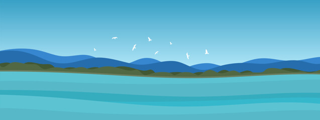 Fototapeta na wymiar Beautiful panoramic landscape. Summer landscape with mountains, hills, lake, blue sky and flying birds. horizontal background. Vector illustration