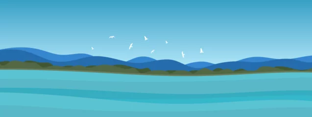 Zelfklevend Fotobehang Beautiful panoramic landscape. Summer landscape with mountains, hills, lake, blue sky and flying birds. horizontal background. Vector illustration © Narek
