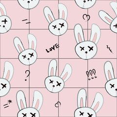 soft pink y2k seamless pattern with emo bunnies and grid - obrazy, fototapety, plakaty