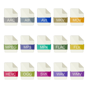 File type icons. Set of video and audio icons on a white background.