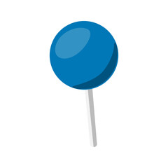 Push pin icon. Thumbtack office supply. Sharp needle button with colorful head for attaching papers, memos and notes to boards in offices, schools, homes. Isolated vector illustration on white.