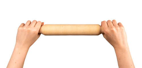 Hands holding and rolling abstract dough with kitchen roller, wood ware for kneading, isolated on white background