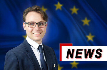 News anchor, tells the latest news, smiling, against the background of the flag of European union