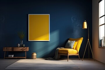 Interior of a barren, deep blue room with a cement floor and a yellow recliner. a coffee table, a lamp, and a framed poster. a mockup. Generative AI