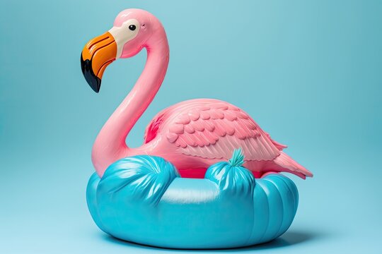 pink flamingo perched on a blue platform. Generative AI