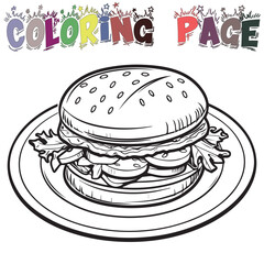 Hum Burger In Black And White Illustration For Coloring Page And Coloring Page Kids Vector, White Background 