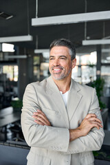 Happy proud mid aged mature professional business man ceo executive wearing suit standing in office...