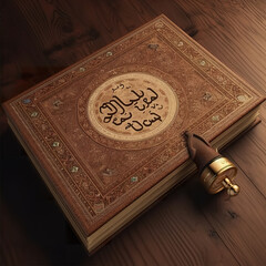 Fototapeta premium Quran on spring flowers background. Arabic book and flowers. Holy al quran. Closed realistic quran. Realistic 3D illustration. Generative AI