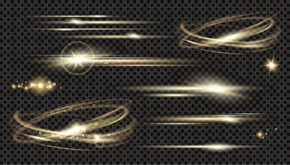Vector circle light effect with sparkles and  horizontal les flares pack. Golden light flares and laser beams on dark background. Abstract sparkling lines and stars - 605463289