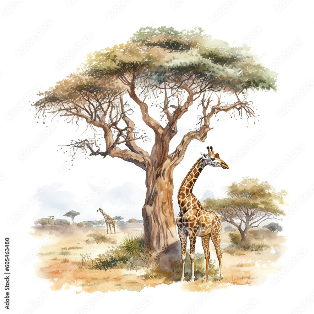 Poster a giraffe standing next to a tree in a field. generative ai.