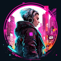 variant as a logo of this sample image in the style of the video game Cyberpunk with a dark background